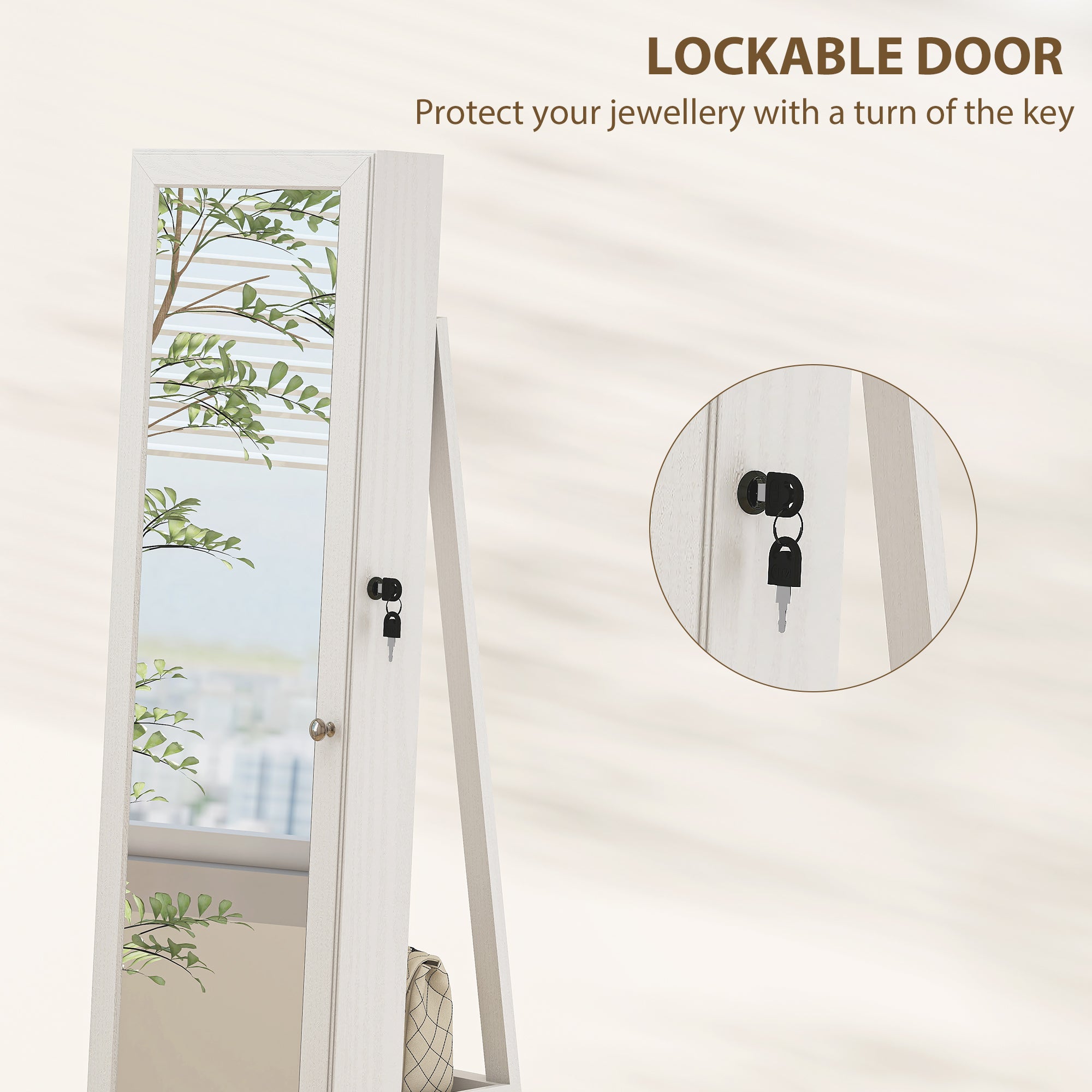 HOMCOM 360√Ç¬∞ Swivel Jewellery Cabinet, Free Standing Full Length Mirror with Storage, Lockable Jewellery Organiser with Built-in Makeup Mirror and Storage Shelves for Bedroom, White