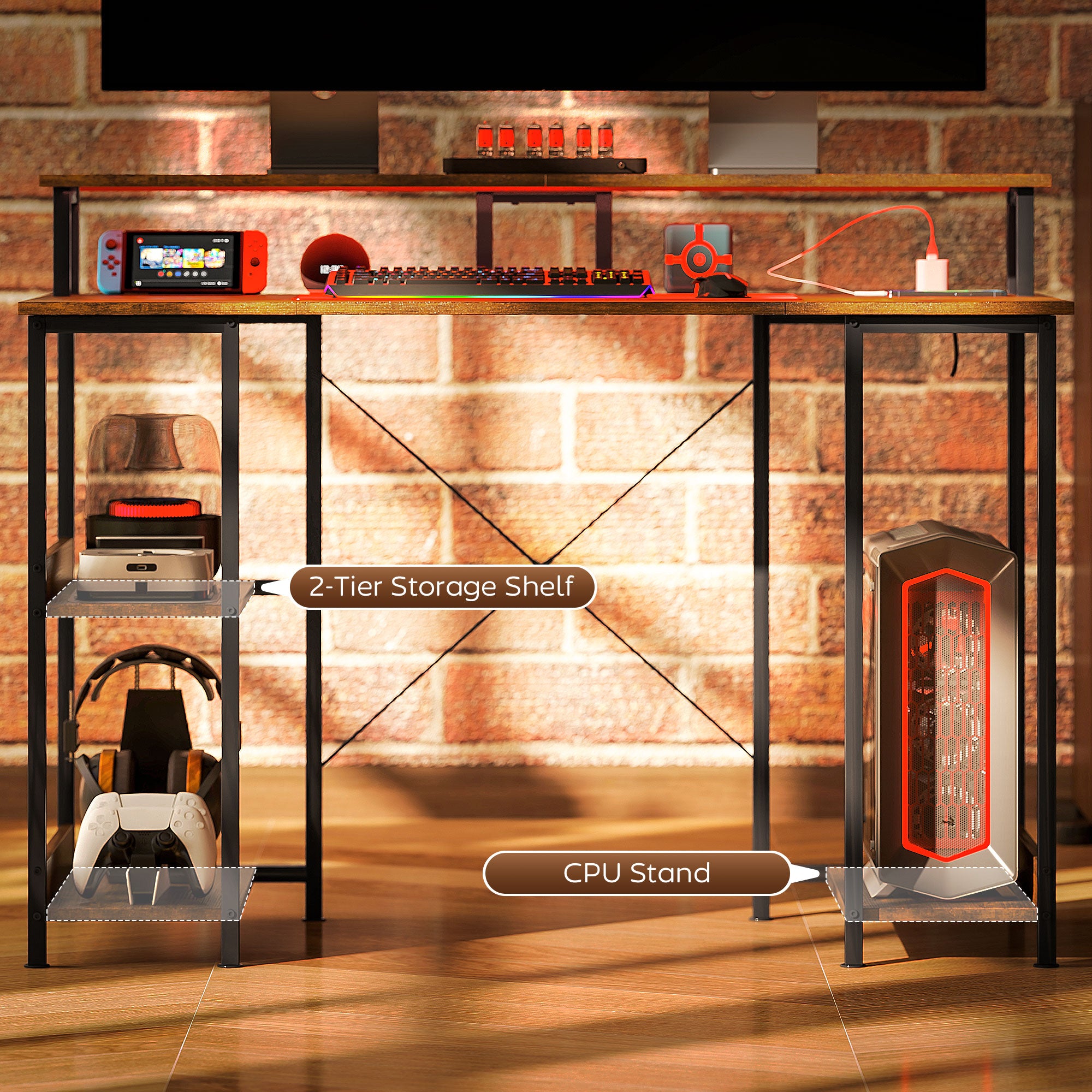 HOMCOM LED Computer Desk, with Power Outlets and Shelves - Rustic Brown