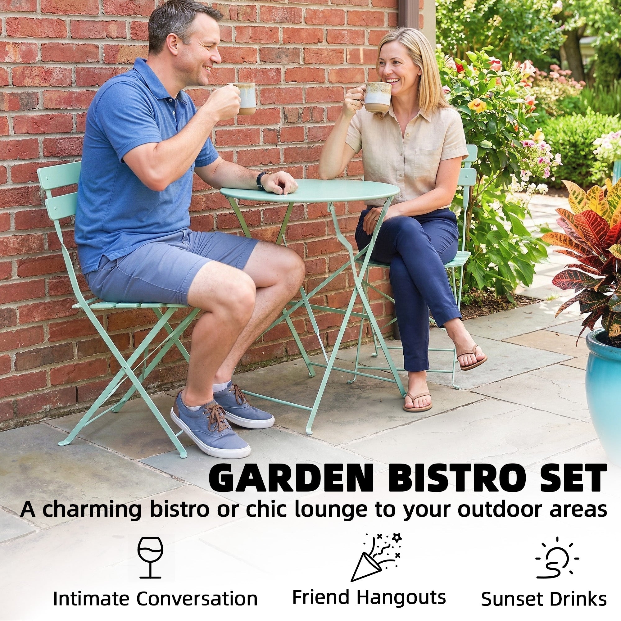 Outsunny Folding Garden Bistro Set, Outdoor Round Bistro Table and Chairs Set 2 with Electrophoresis Metal Frame, Light Green