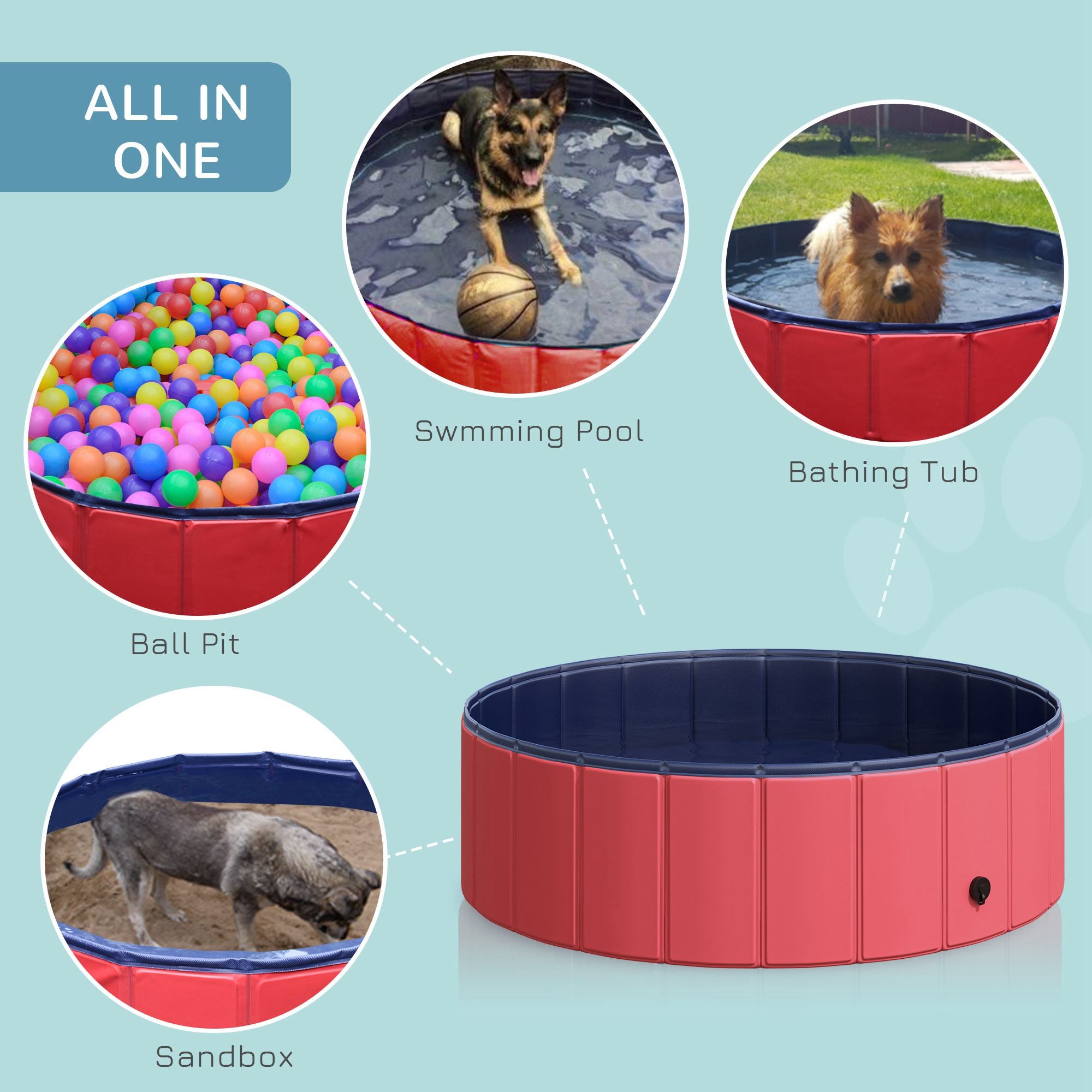 PawHut Dog Paddling Pool, Foldable Dog Pool, Leakproof & Hard Plastic, Portable Pet Bathtub with Non-Slip Base & Drainage Hole, for Indoors, Outdoors, Garden, Patio, 100 x 30 cm, Red