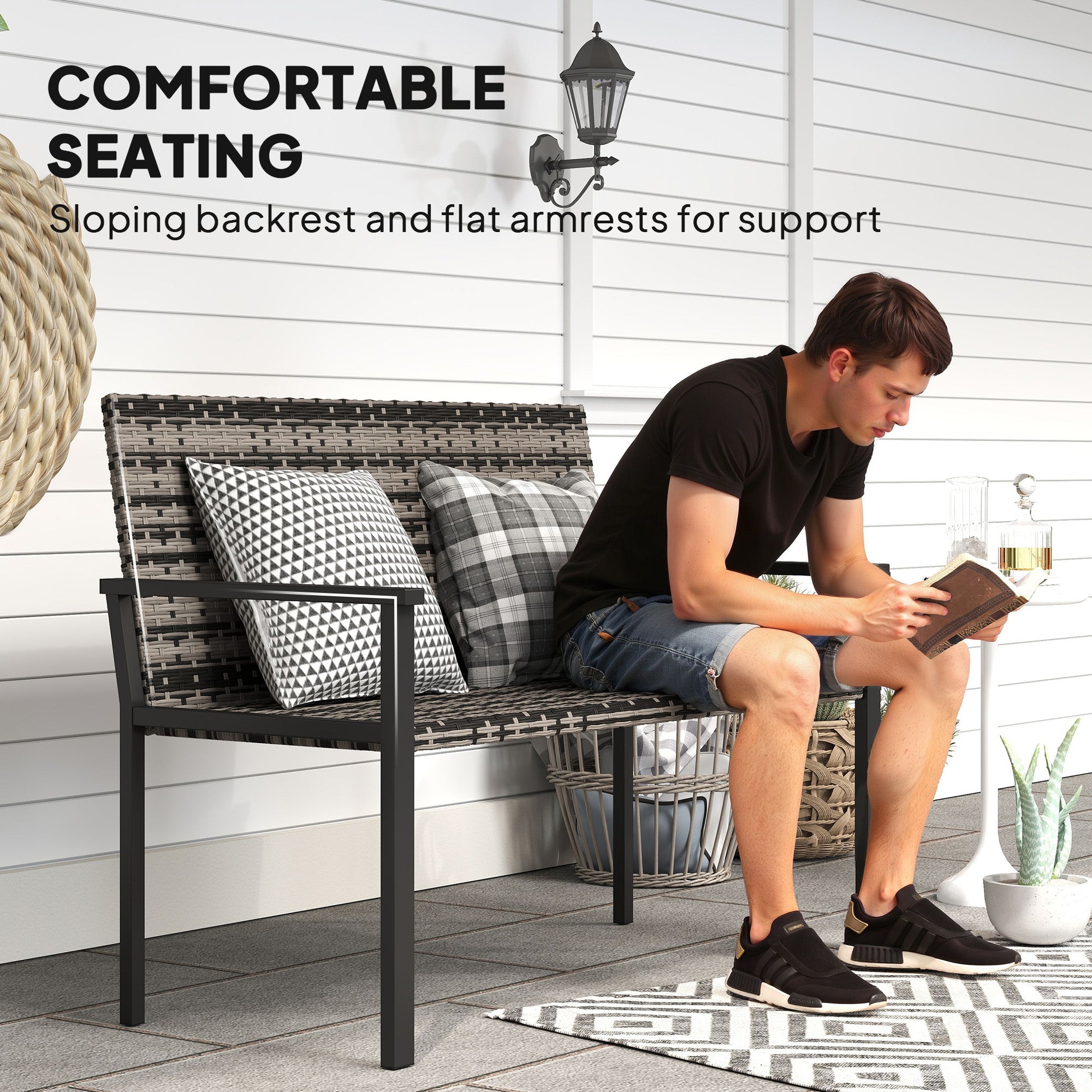 Outsunny Two-Seater Rattan Bench - Mixed Grey