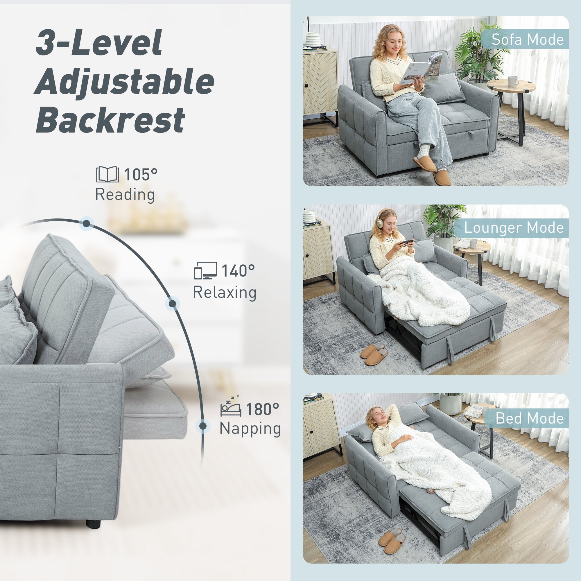 HOMCOM 2 Seater Sofa Bed, 3-in-1 Convertible Sleeper Sofa with Click-clack Adjustable Backrest and 2 Pillows, Grey