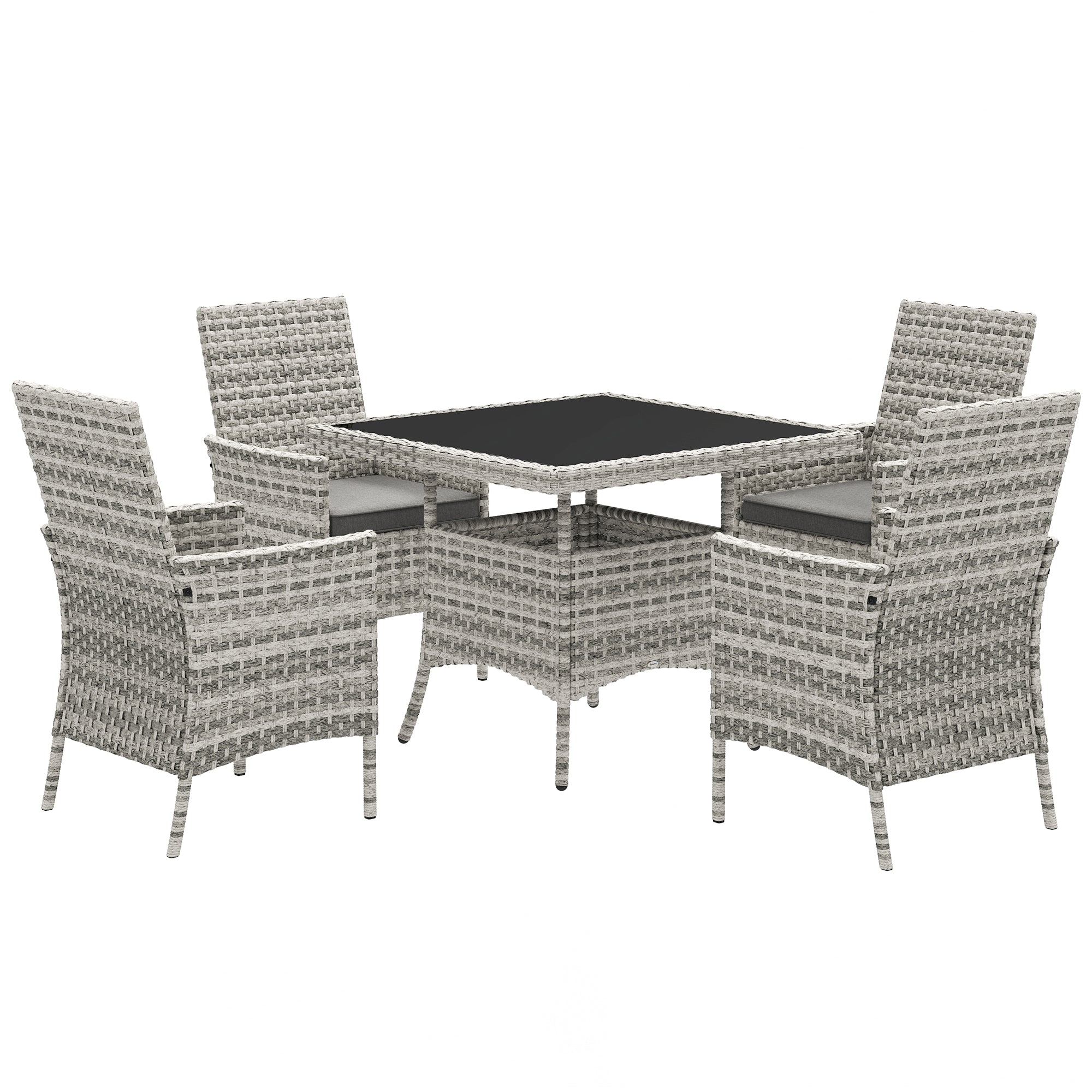 Outsunny Rattan Garden Furniture Set, Outdoor Dining Table and Chairs 4 Seater with Cushions, Square Tempered Glass Top, 4 Armchairs, for Balcony, Terrace, Conservatory, Mixed-Grey