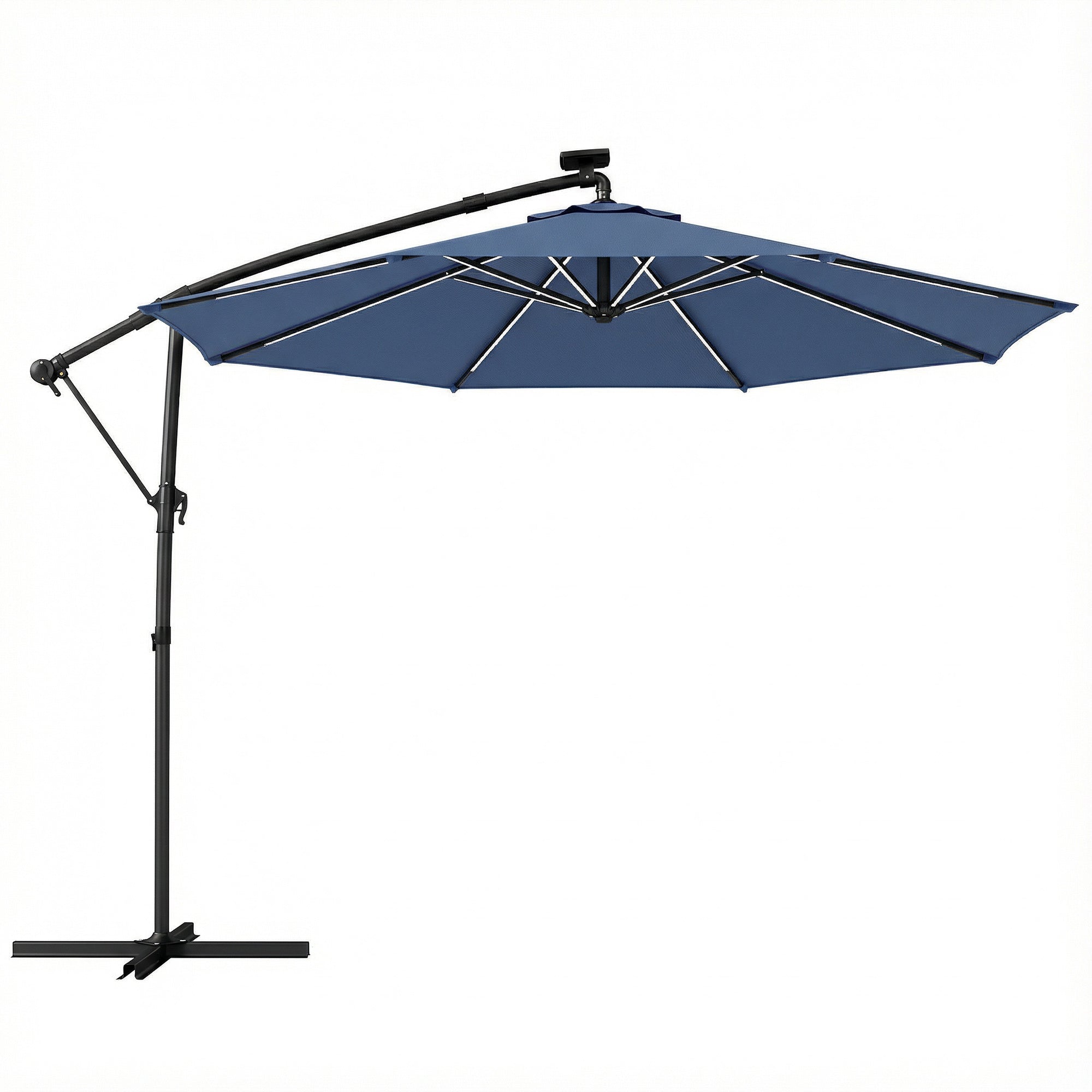 Outsunny 3 m Garden Cantilever Parasol with LED Solar Light, Round Overhanging Umbrella with 360Â° Rotation, Cover, Navy Blue