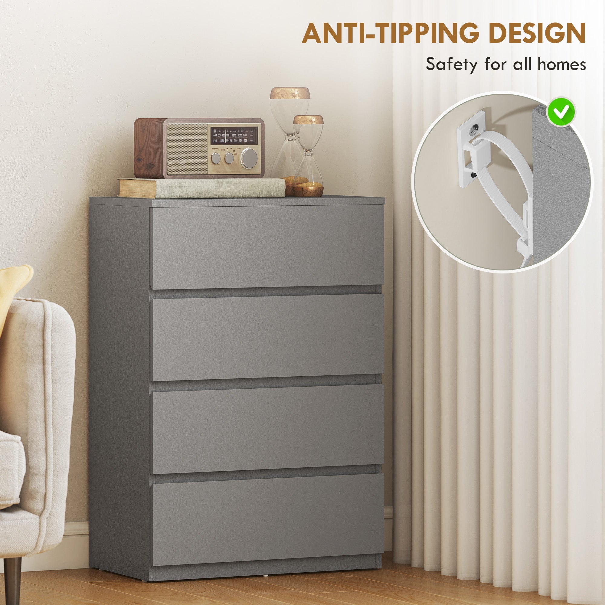 HOMCOM Chest of Drawers, 4-Drawer Storage Cabinets, Modern Dresser, Storage Drawer Unit for Bedroom