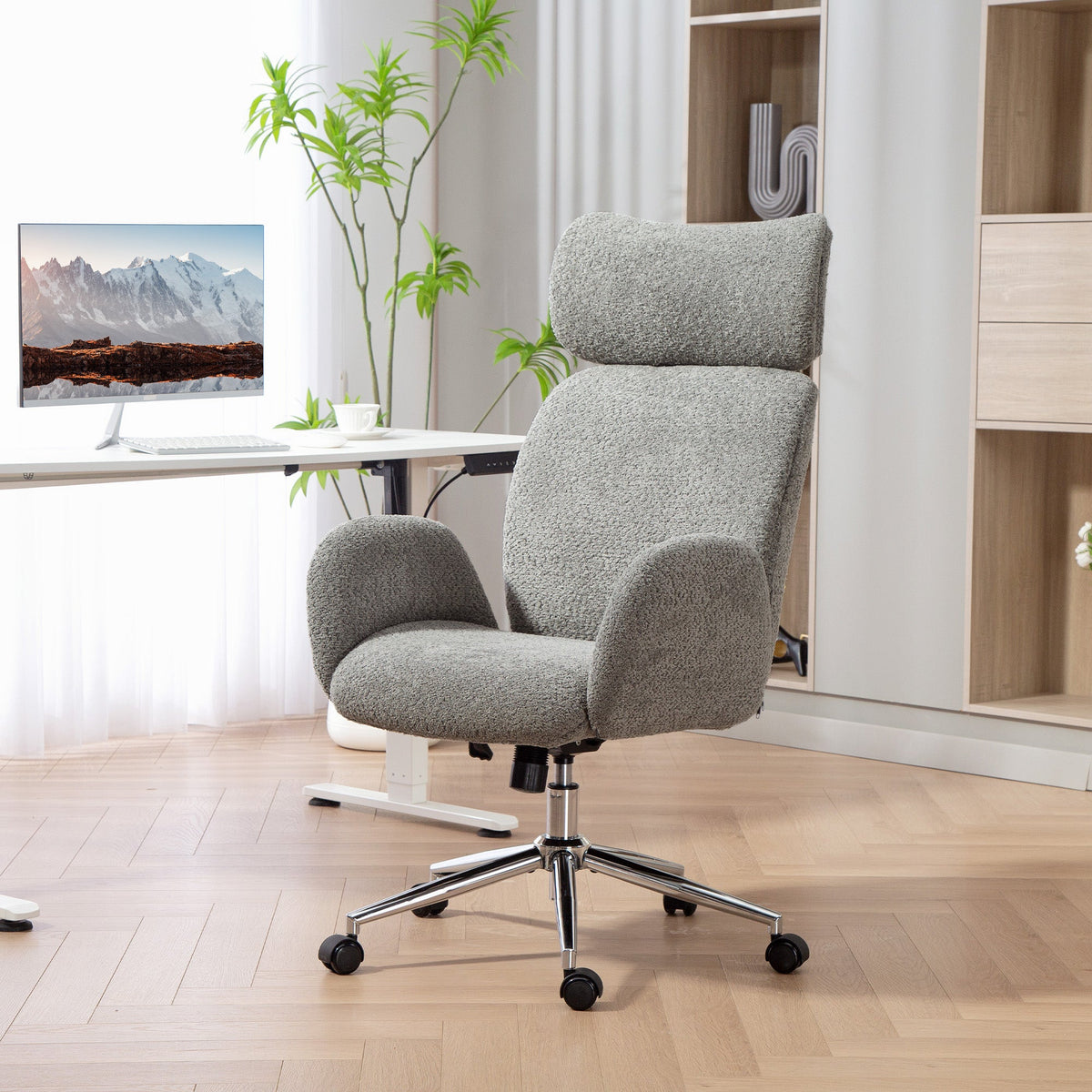 HOMCOM Office Chair with Adjustable Headrest, Spring Pack, Curved Line, Boucle Fabric - Charcoal Grey