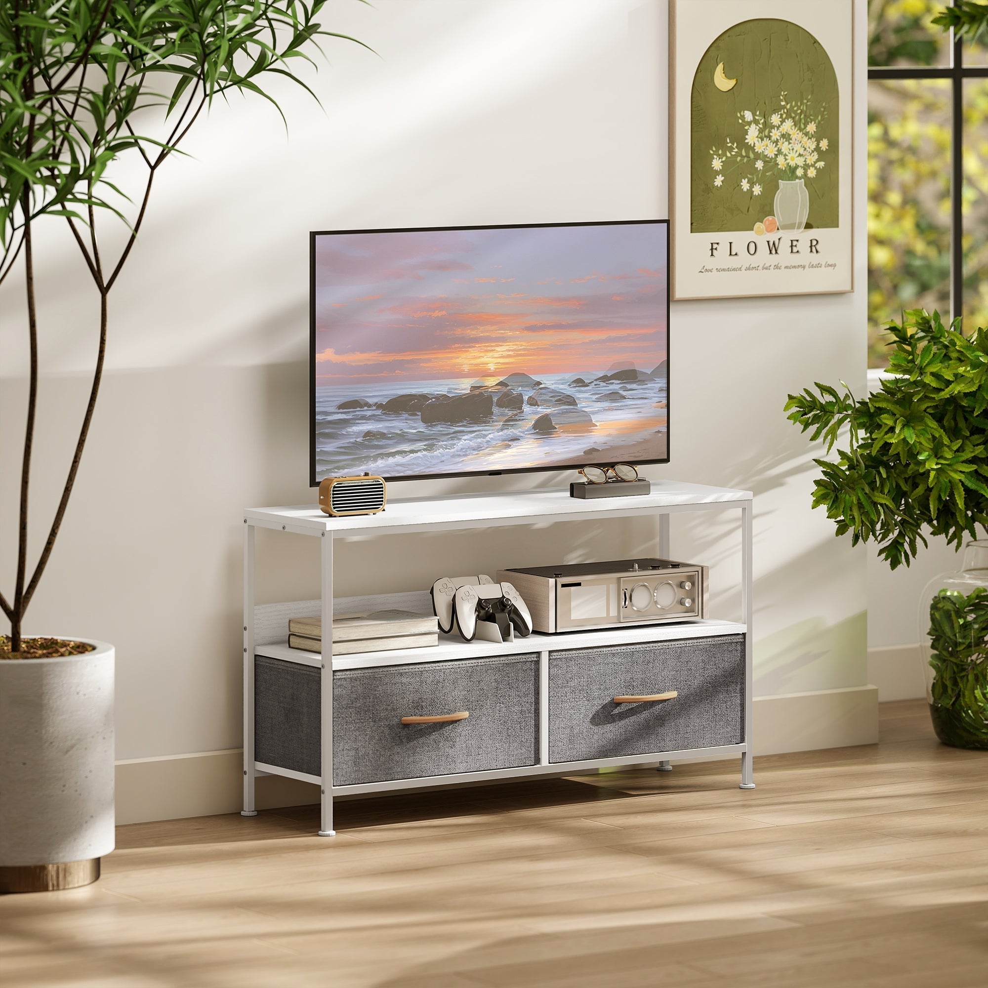 HOMCOM TV Stand Cabinet with 2 Foldable Drawers - White