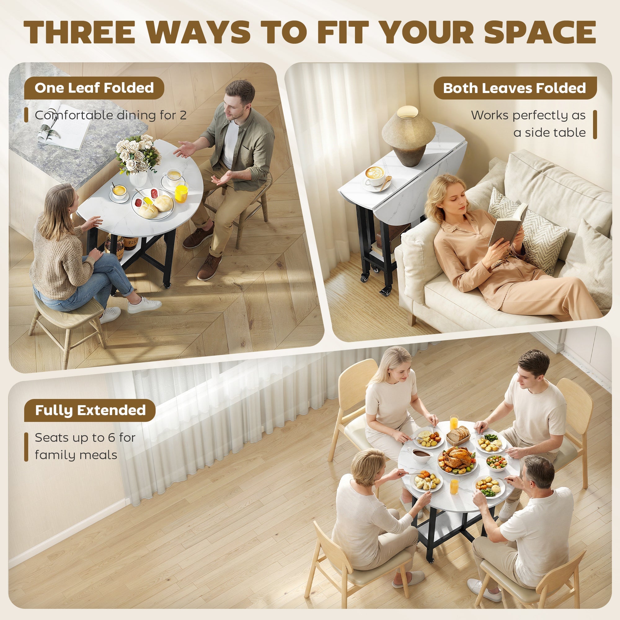 HOMCOM Folding Dining Table, Drop Leaf Table with Open Shelf, Rolling Kitchen Table for Dining Room, Small Spaces, White Marble