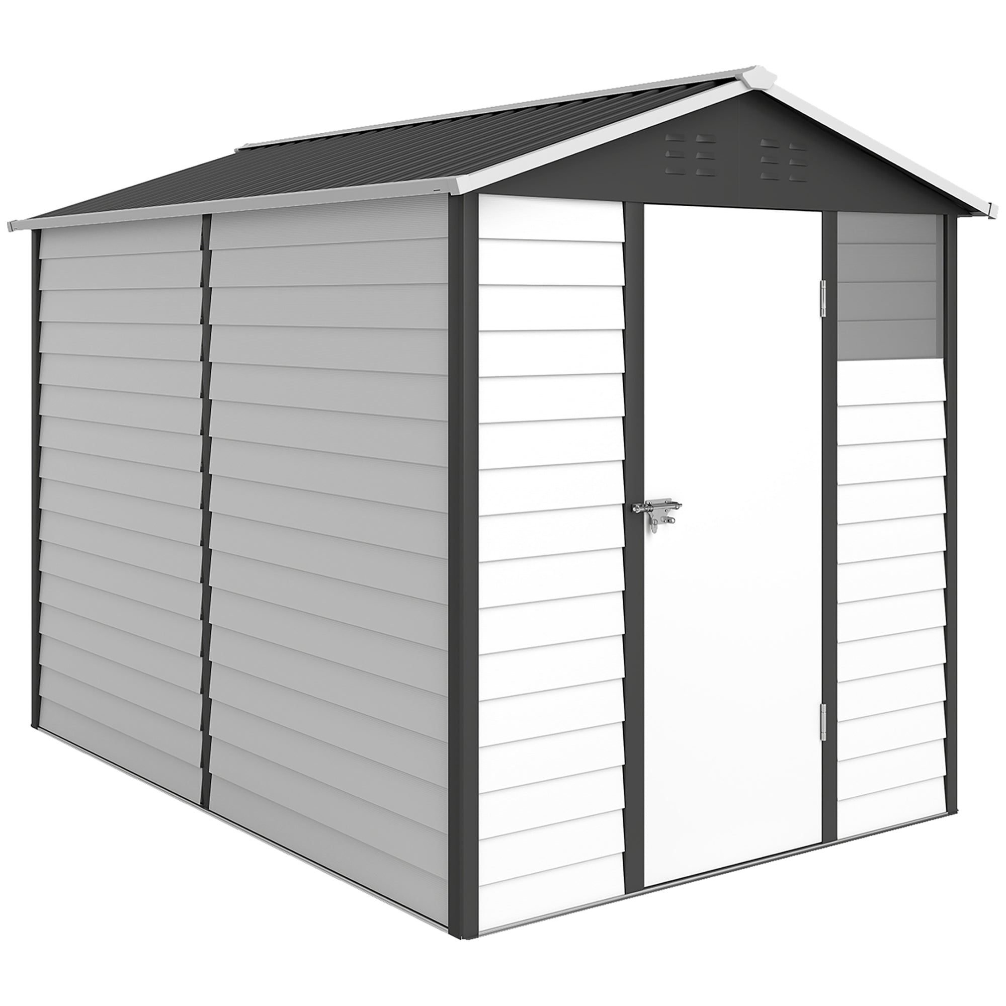 Outsunny 9x 6FT Metal Outdoor Garden Shed, Galvanised Tool Storage Shed w/ Sloped Roof, Lockable Door for Patio Lawn, Dark Grey