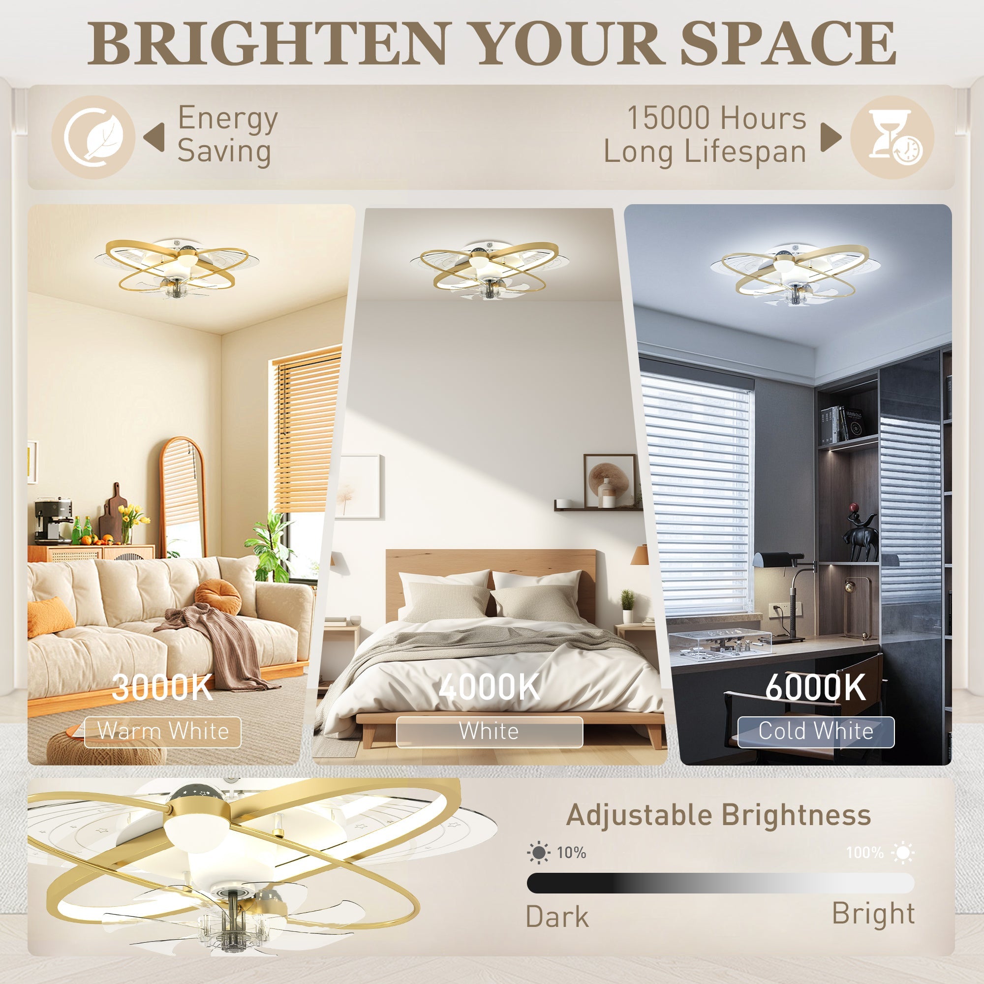 HOMCOM Ceiling Fan with Light and Remote, 3 Colour Temperatures, LED Mount Ceiling Fan Light for Bedroom, Gold Tone