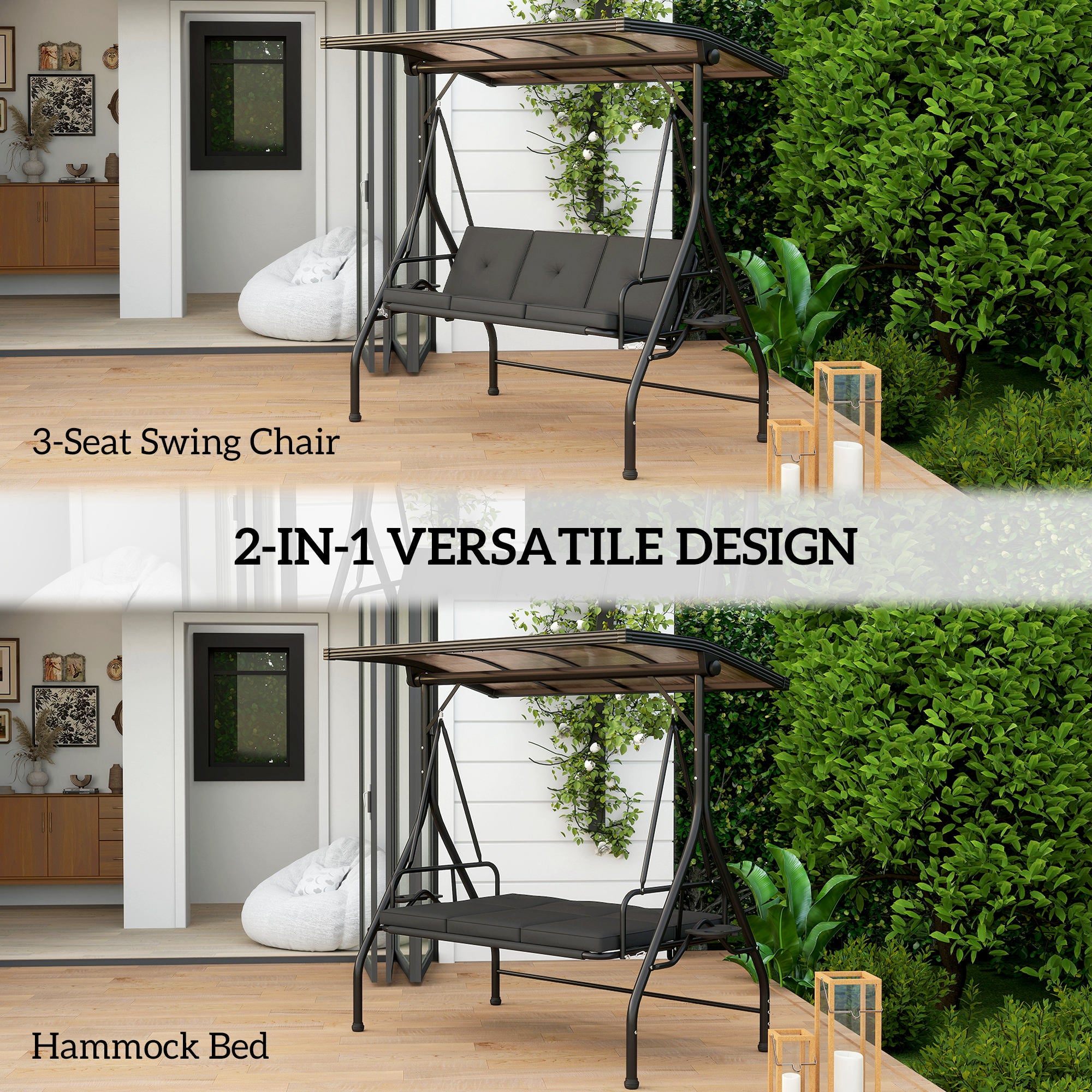 Outsunny Convertible Three-Seater Swing Bench Bed - Black