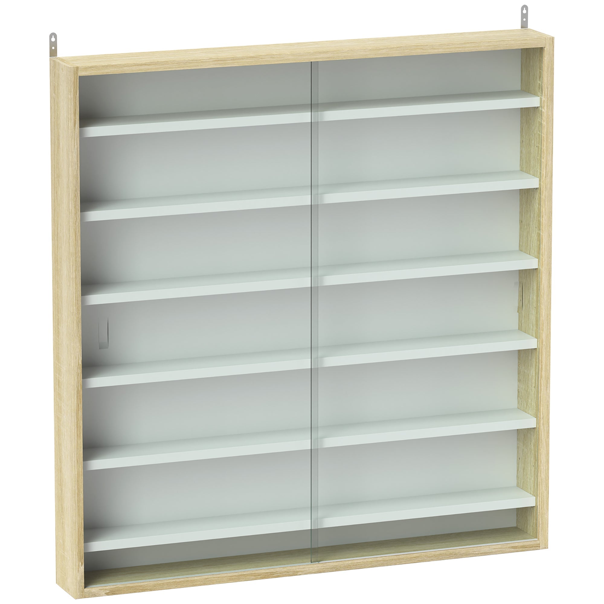 HOMCOM 7-Tier Wall Display Shelf Unit Cabinet w/ 6 Adjustable Shelves Glass Doors Home Office Ornaments 83x80cm, Oak