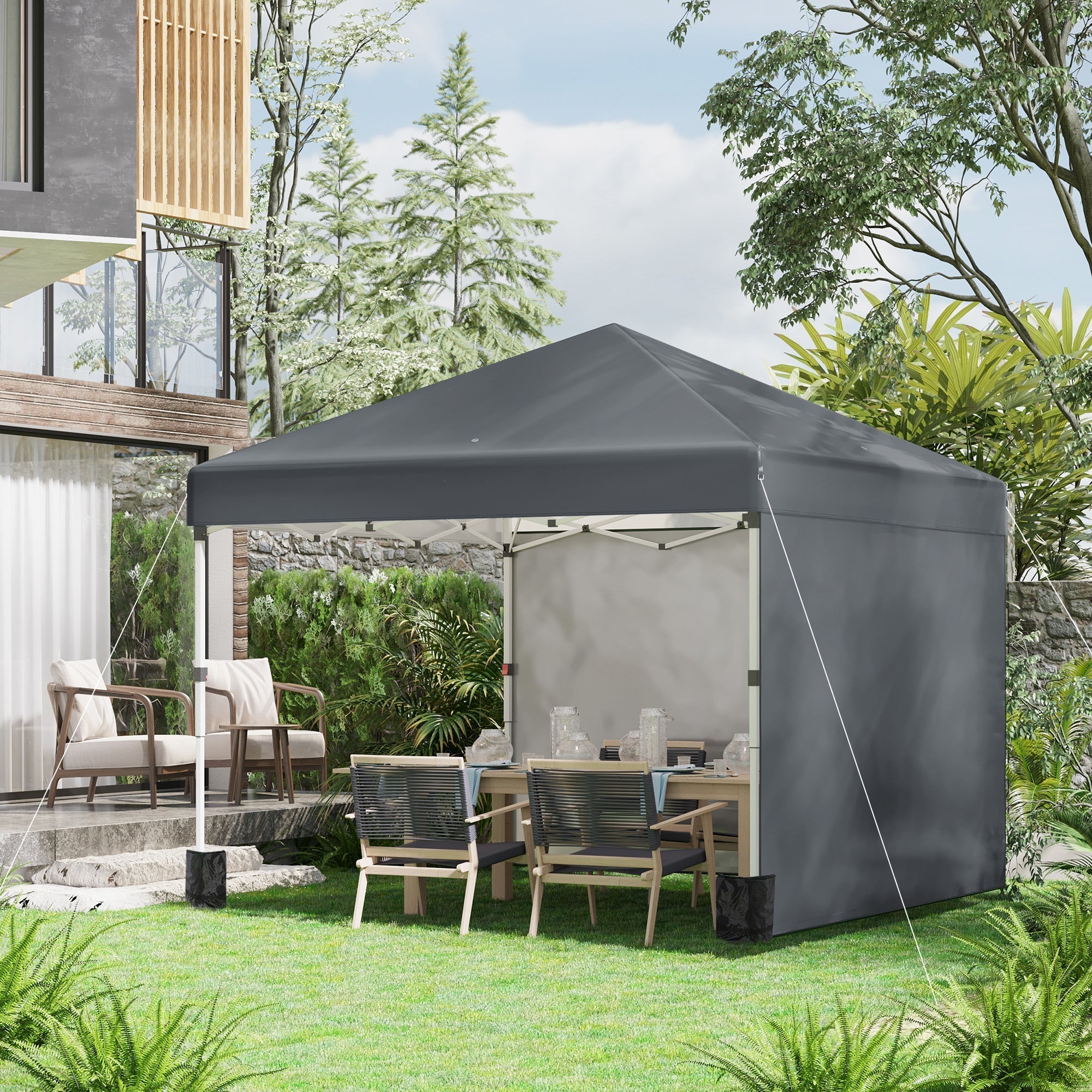 Outsunny 3 x 3 (M) Pop Up Gazebo, UPF 30+ with 2 Sidewalls, Leg Weight Bags and Wheeled Bag, Height Adjustable Party Tent Event Shelter for Garden, Patio, Dark Grey