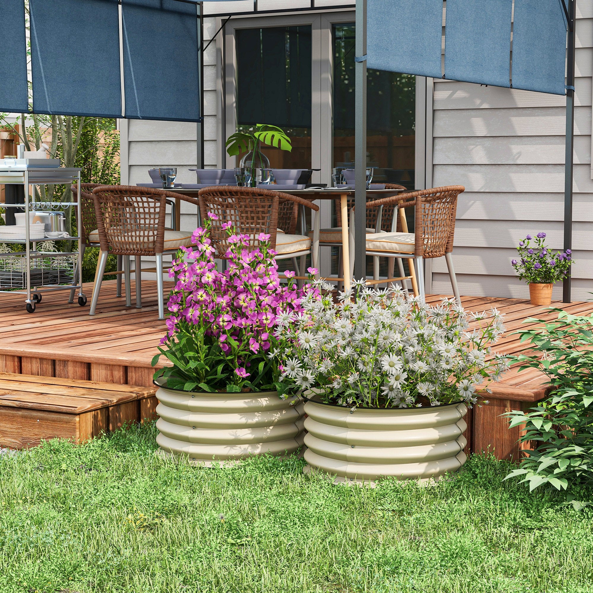 Outsunny Set of 2 Raised Garden Bed, Metal Planter Box with Safety Edging, Easy-to-assemble Stock Tank, Cream White