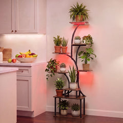 8-Tier Morden Style Plant Stand with Ambient LED Lights-Rustic Brown