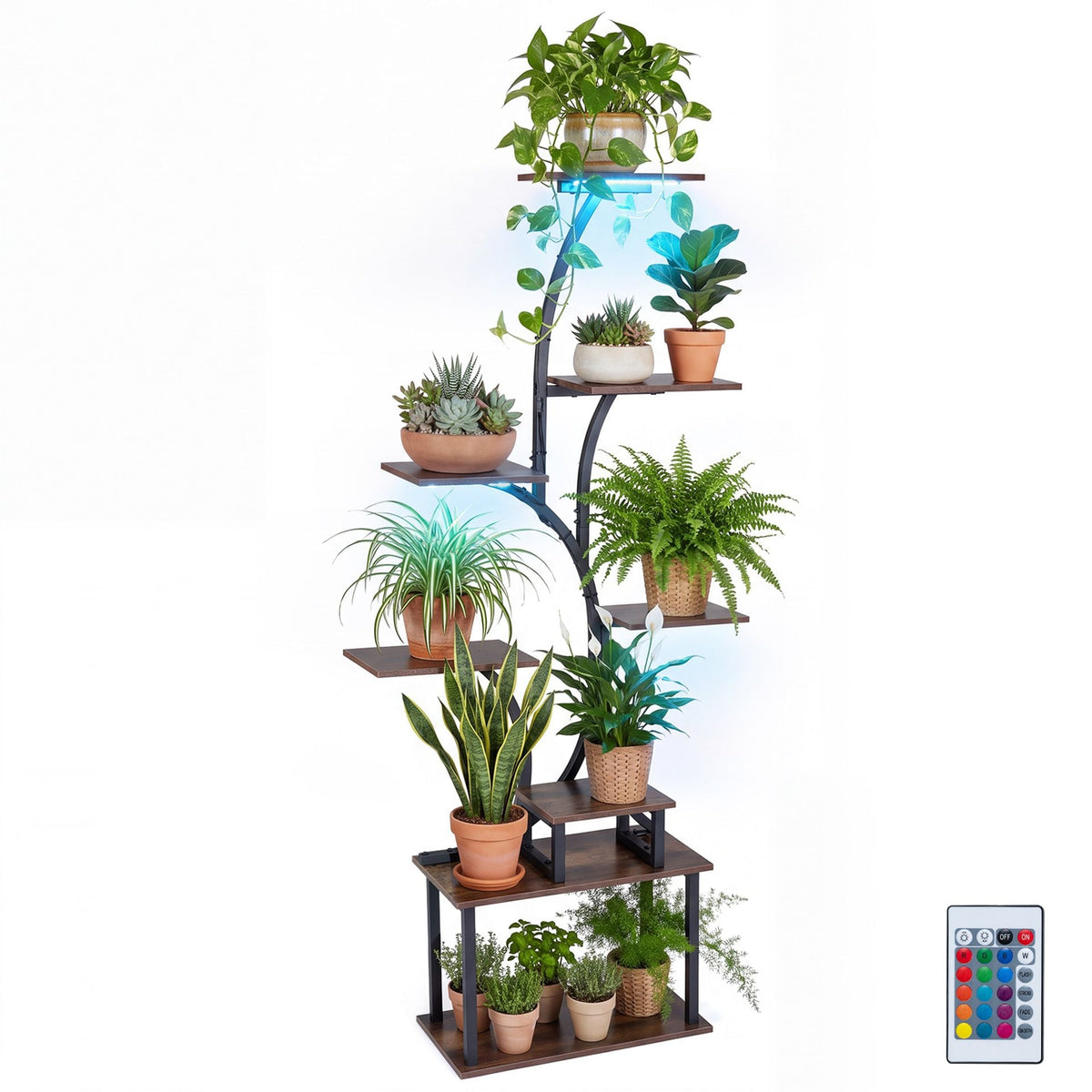 8-Tier Morden Style Plant Stand with Ambient LED Lights-Rustic Brown