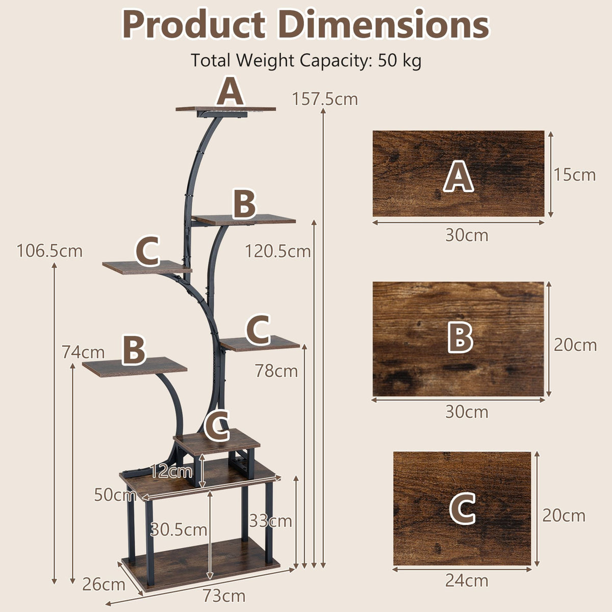 8-Tier Morden Style Plant Stand with Ambient LED Lights Set of 2-Rustic Brown