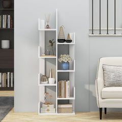 The white floor standing tree bookcase filled with various home decor items and books