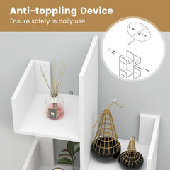 The white floor standing tree bookcase showing the metal bracket for wall attachment