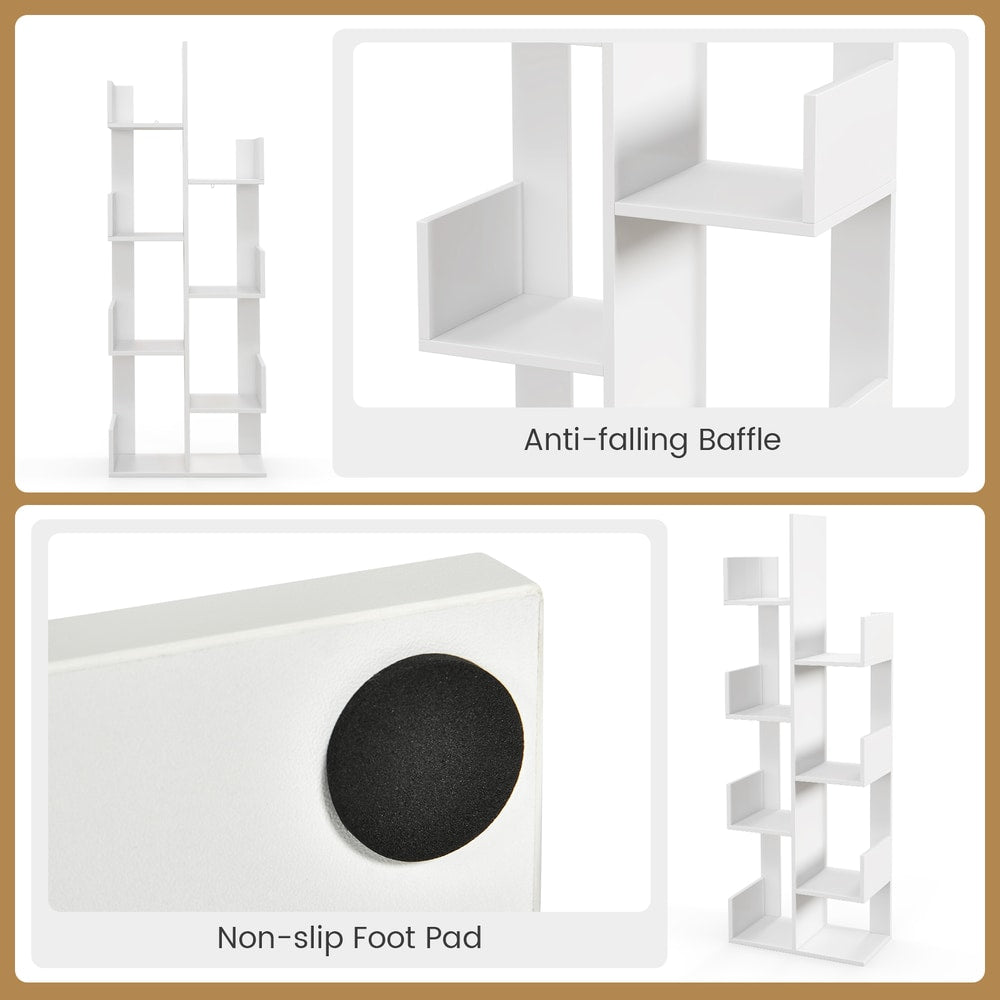 The white floor standing tree bookcase showing the side edge guards and base pads