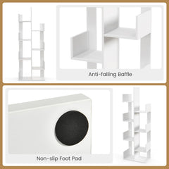 The white floor standing tree bookcase showing the side edge guards and base pads