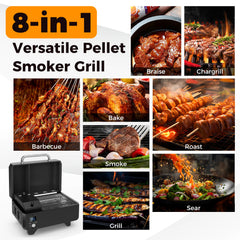 8-in-1 Portable Pellet Grill with Digital Control and Meat Probe for Backyard-Black