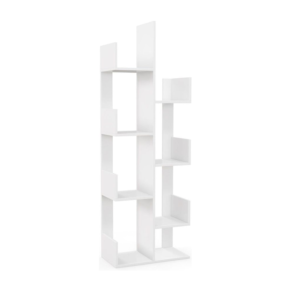 8-Tiers Floor Standing Tree bookshelf in white with a unique staggered design