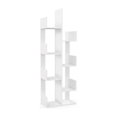 8-Tiers Floor Standing Tree bookshelf in white with a unique staggered design