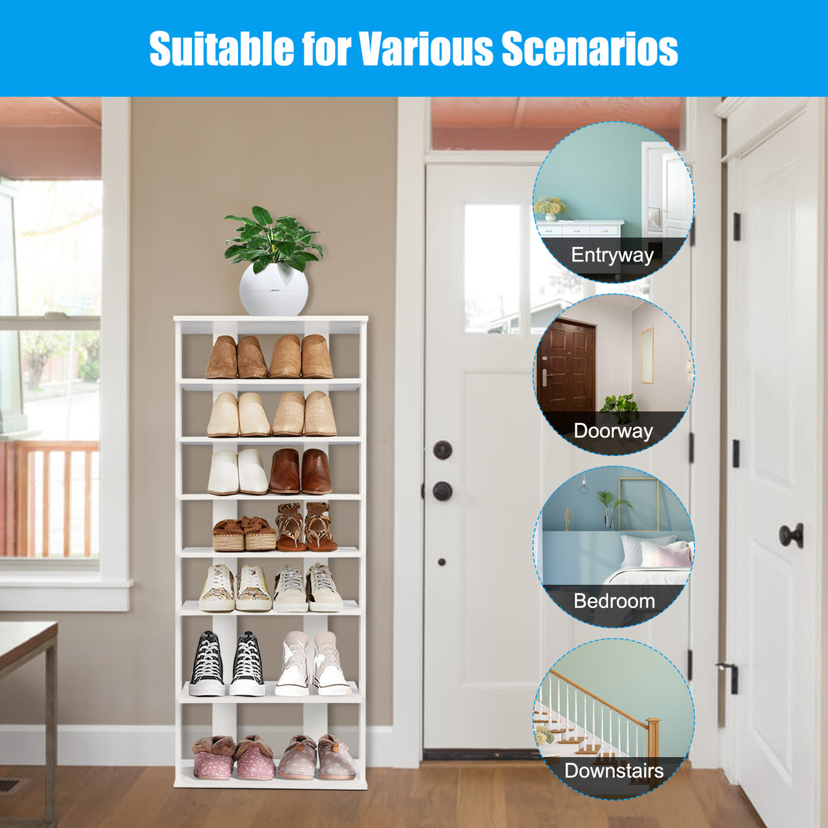 Extra Wide Wooden Vertical Shoe Rack with 7 Shelves-White