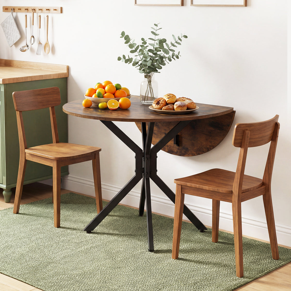 80 CM Round Dining Table for 2-4 People Drop Leaf Expandable Kitchen Table-Rustic Brown