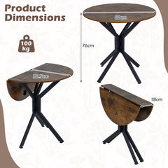 80 CM Round Dining Table for 2-4 People Drop Leaf Expandable Kitchen Table-Rustic Brown