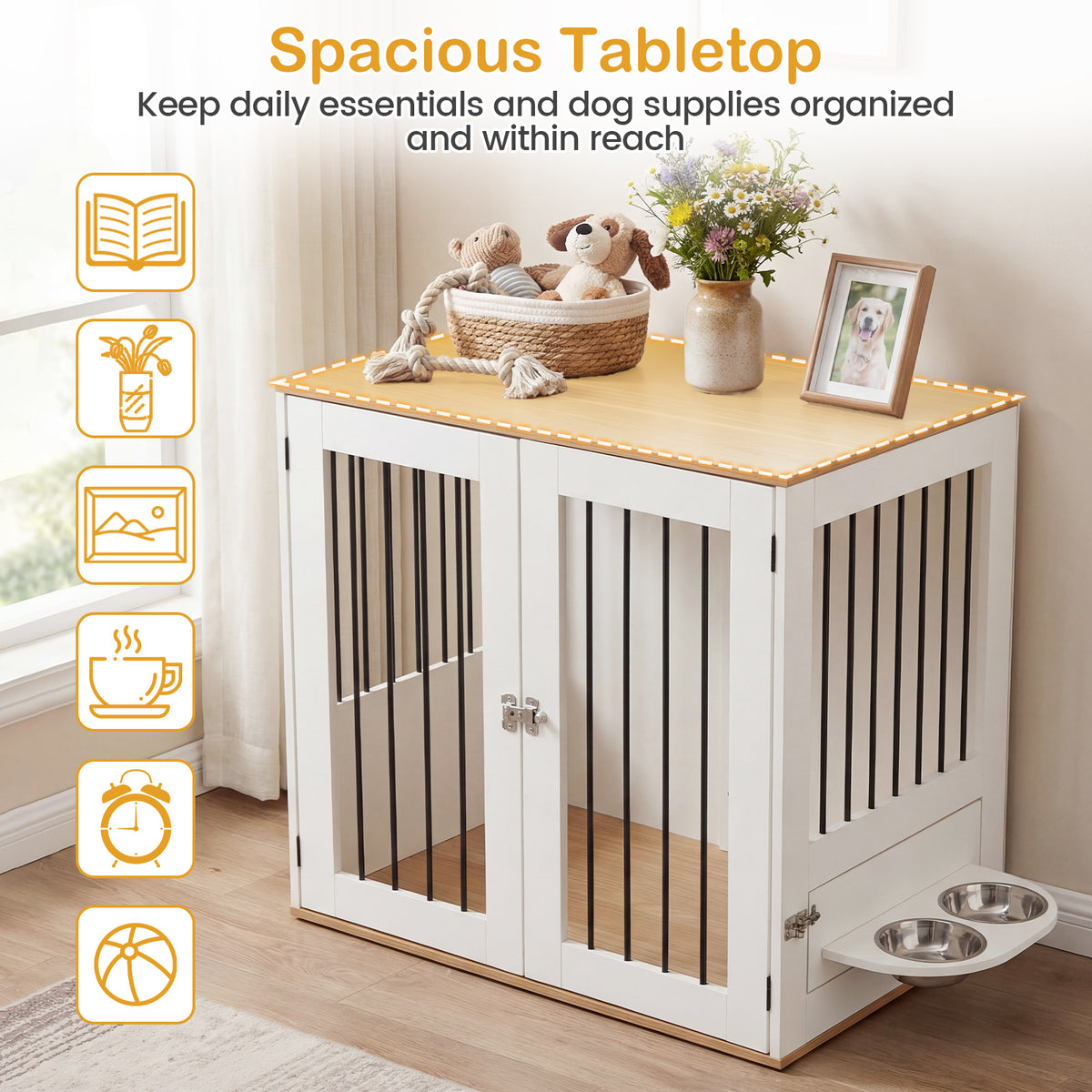 80 cm Indoor Wooden Dog Kennel with Double Lock Doors and 360° Rotating Feeder-White