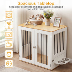 80 cm Indoor Wooden Dog Kennel with Double Lock Doors and 360° Rotating Feeder-White