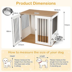 80 cm Indoor Wooden Dog Kennel with Double Lock Doors and 360° Rotating Feeder-White