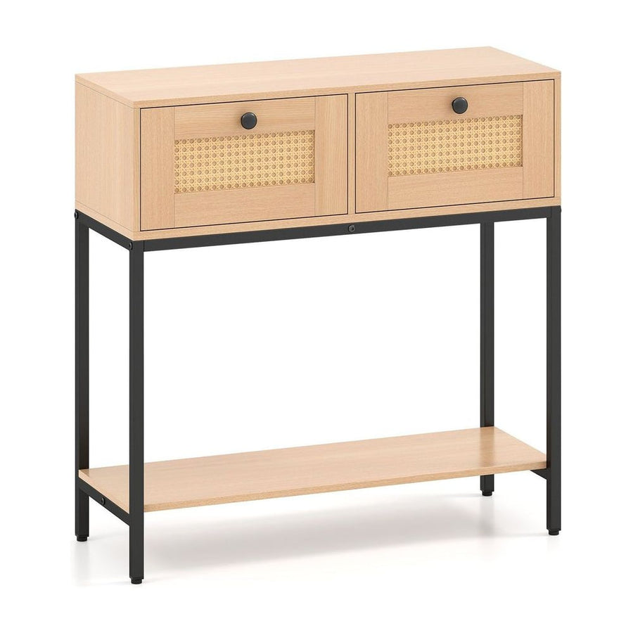 80 CM Boho Console Table with two drawers and a bottom shelf on a black metal frame