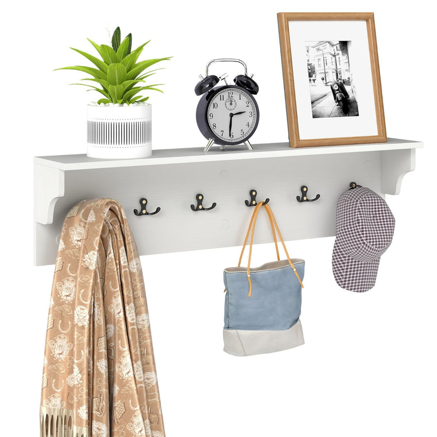 80 CM Wall Hooks with Shelf Wooden Coat Rack-White with a plant, clock, and framed picture on the shelf