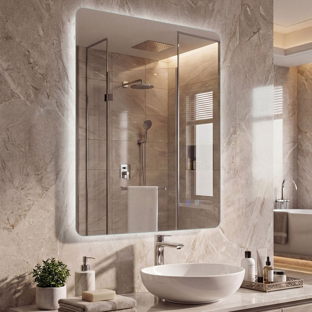 The lighted mirror is illuminated, reflecting a modern bathroom with a sink and toiletries