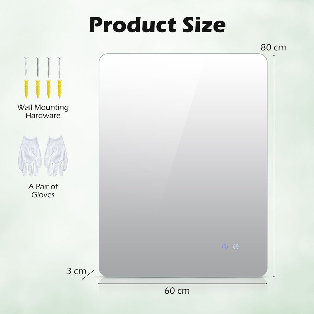 Product size diagram showing the 80 cm x 60 cm dimensions of the mirror and included wall mounting hardware