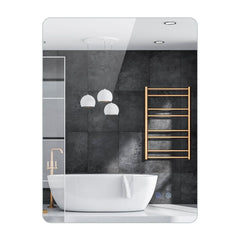 Rectangle LED Lighted Mirror reflecting a modern bathroom with a white bathtub and a gold towel rail