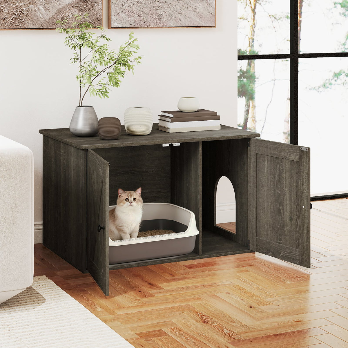 80 x 53 x 50 cm Indoor Wooden Cat House with Double Doors-Oak