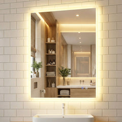 Rectangular Wall Vanity LED Bathroom Mirror with Anti-fog mounted above a modern bathroom sink