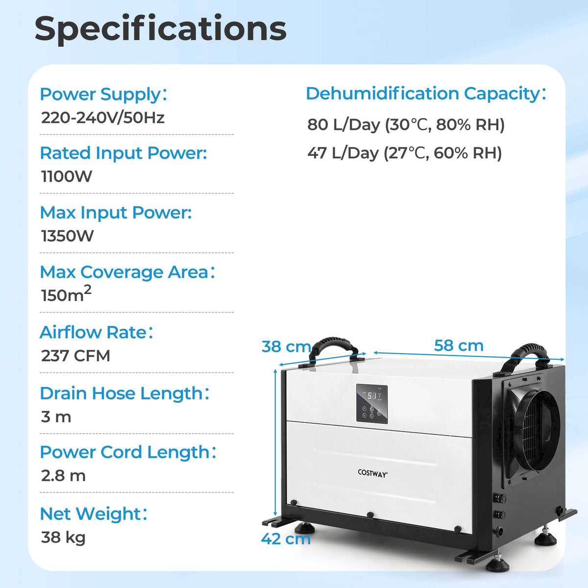80L/Day Crawl Space Dehumidifier Commercial Dehumidifier with 3 Modes-Black