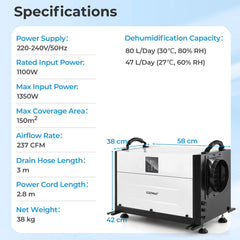 80L/Day Crawl Space Dehumidifier Commercial Dehumidifier with 3 Modes-Black