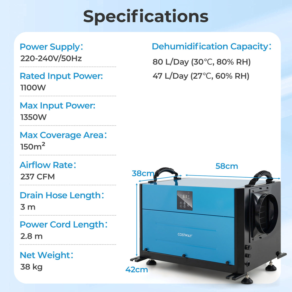 80L/Day Crawl Space Dehumidifier Commercial Dehumidifier with 3 Modes-Blue