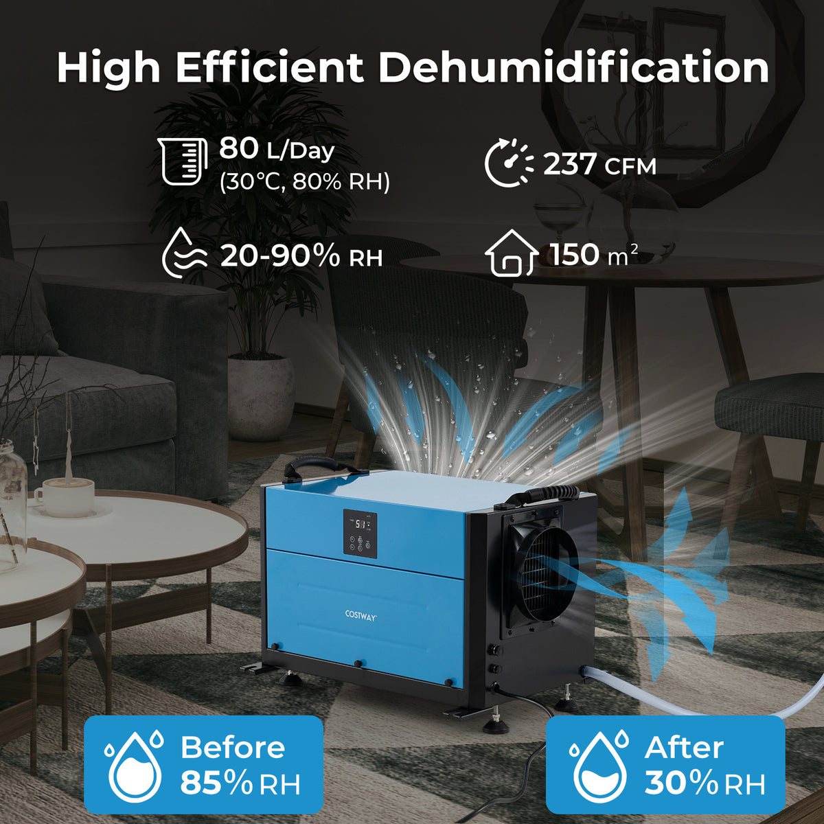 80L/Day Crawl Space Dehumidifier Commercial Dehumidifier with 3 Modes-Blue