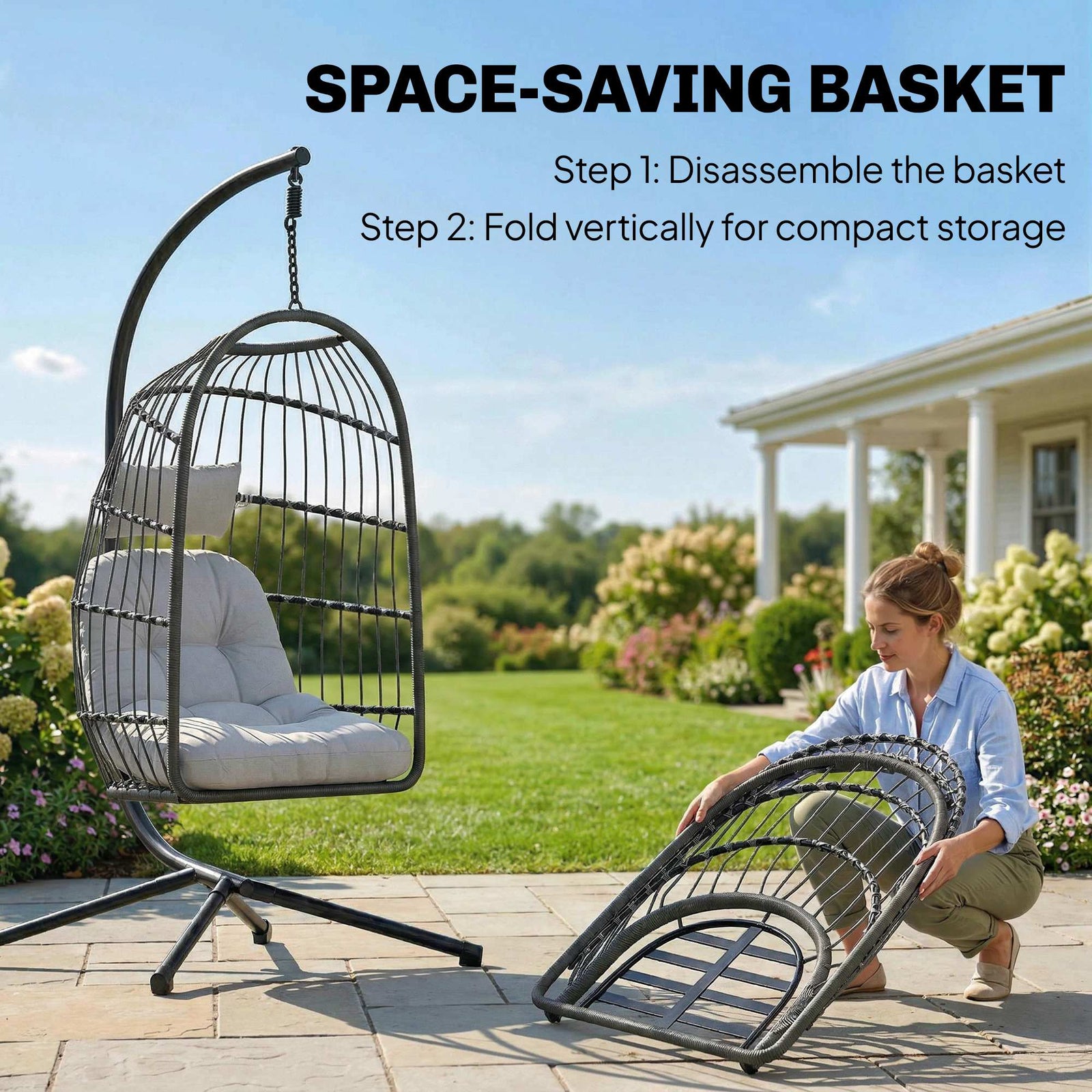 Outsunny Hanging Egg Chair, Indoor Outdoor Hammock Swing Chair with Stand, Safety Strap, Foldable Basket, Dark/Light Grey