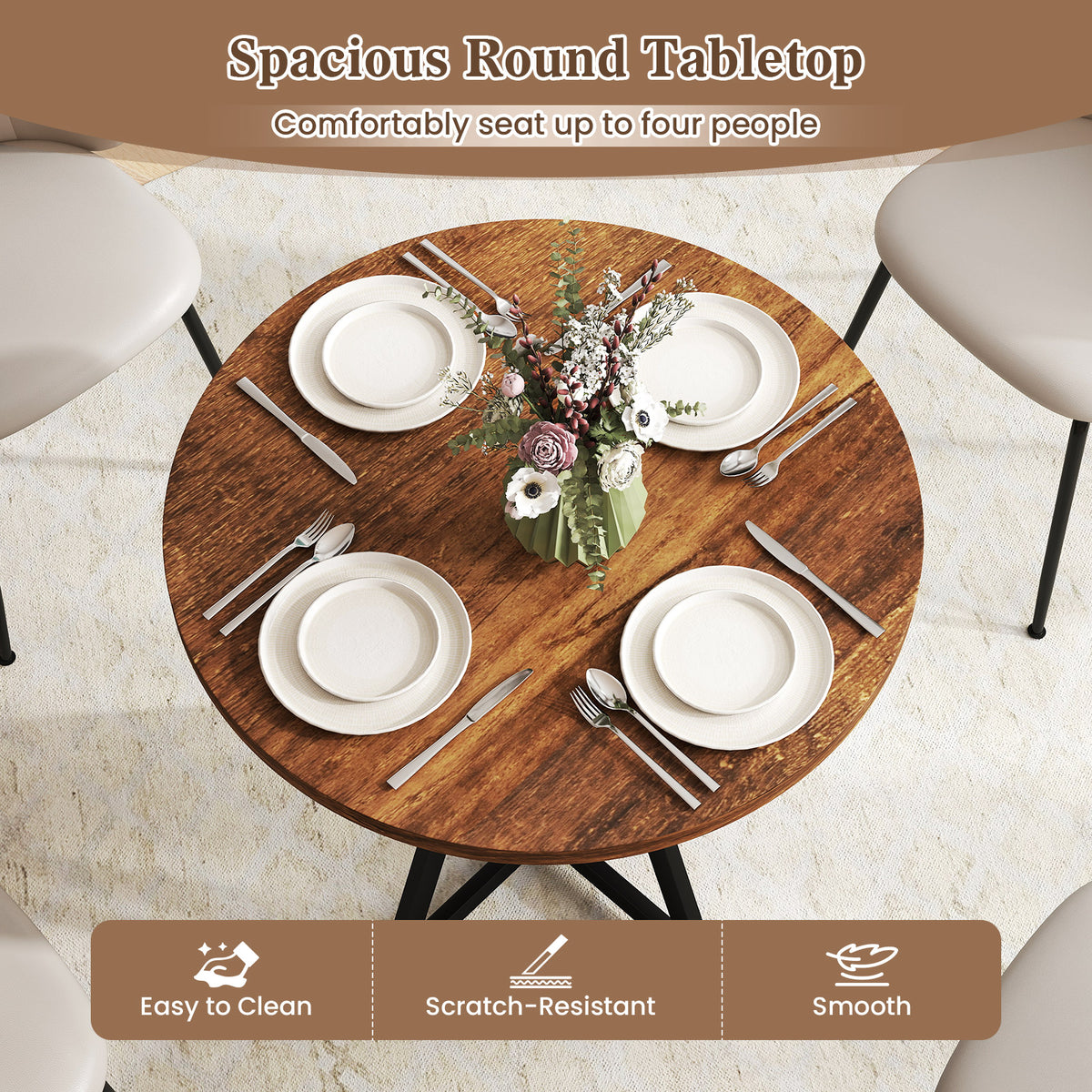 80cm Round Dining Table with Metal Pedestal Base and Adjustable Foot Pads-Rustic Brown