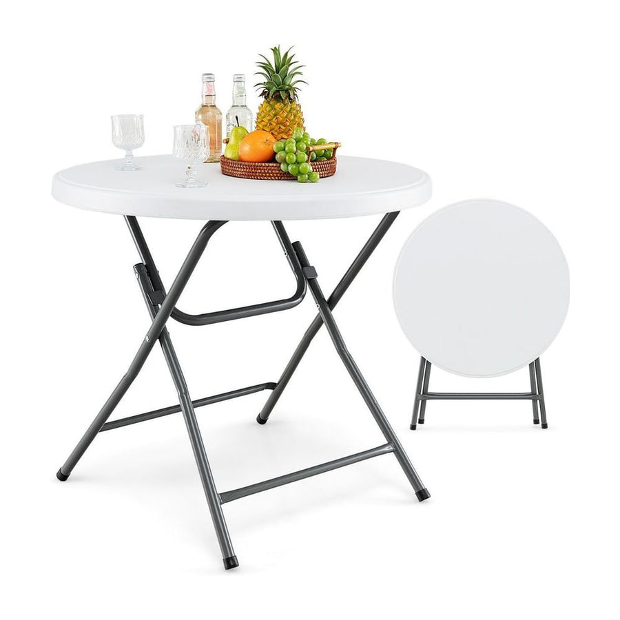 81 CM Round Folding Plastic Table with a fruit bowl and drinks on top