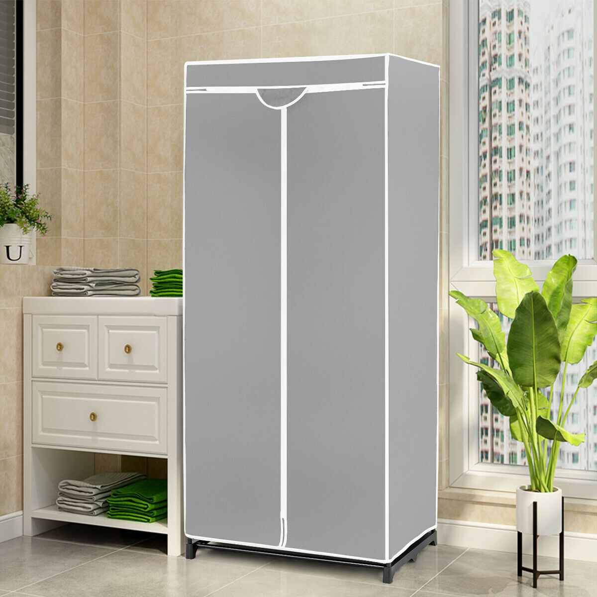 Double Canvas Wardrobe with Dust-proof Cover-Grey