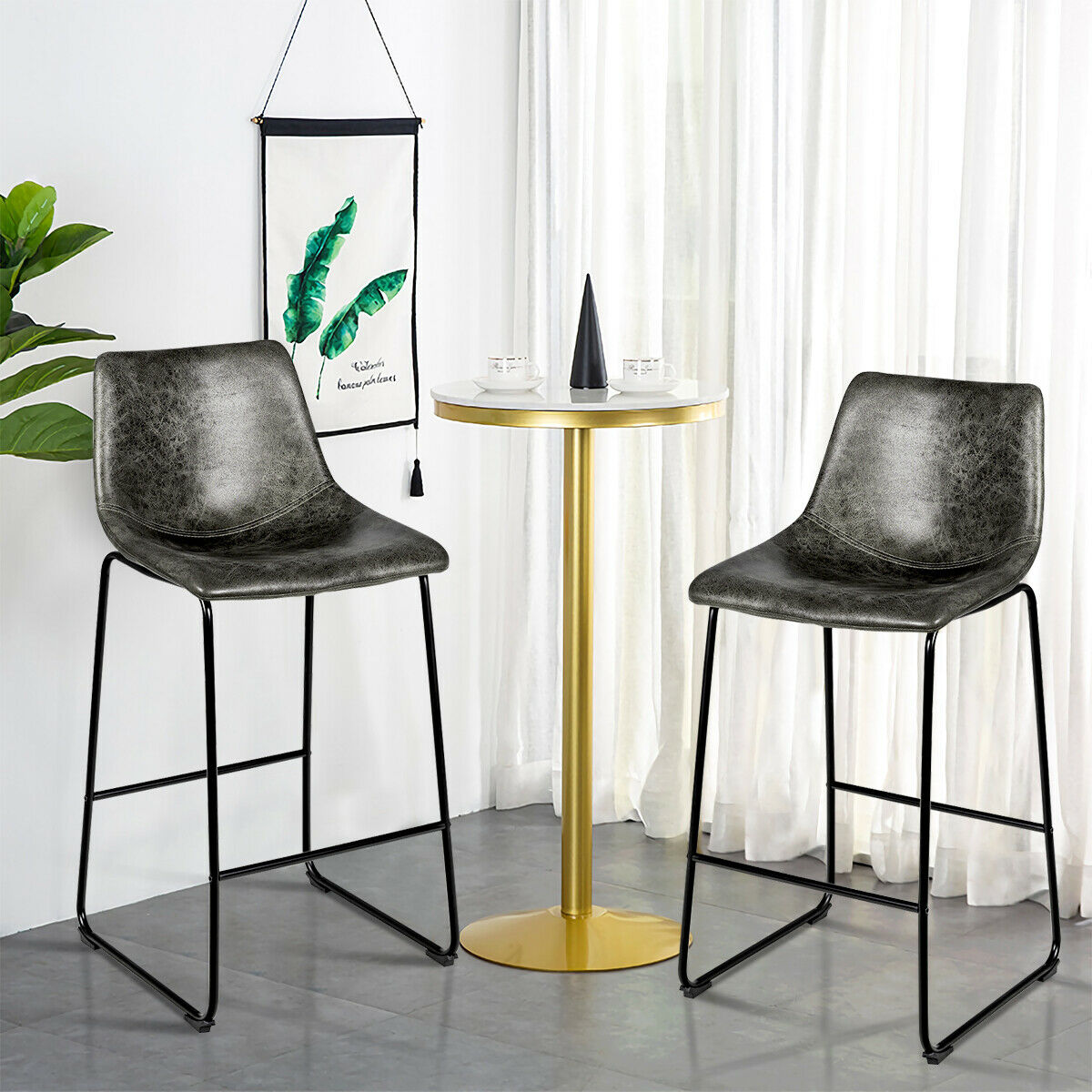 Set of 2 Vintage Faux Suede Bar Stools-Grey